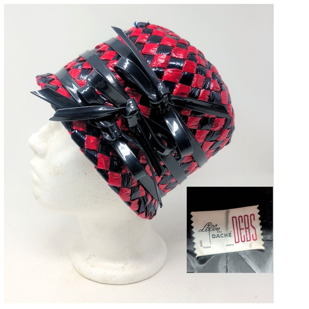 Vintage Lilly Dache Hat Stiff Black Red Raffia Basket